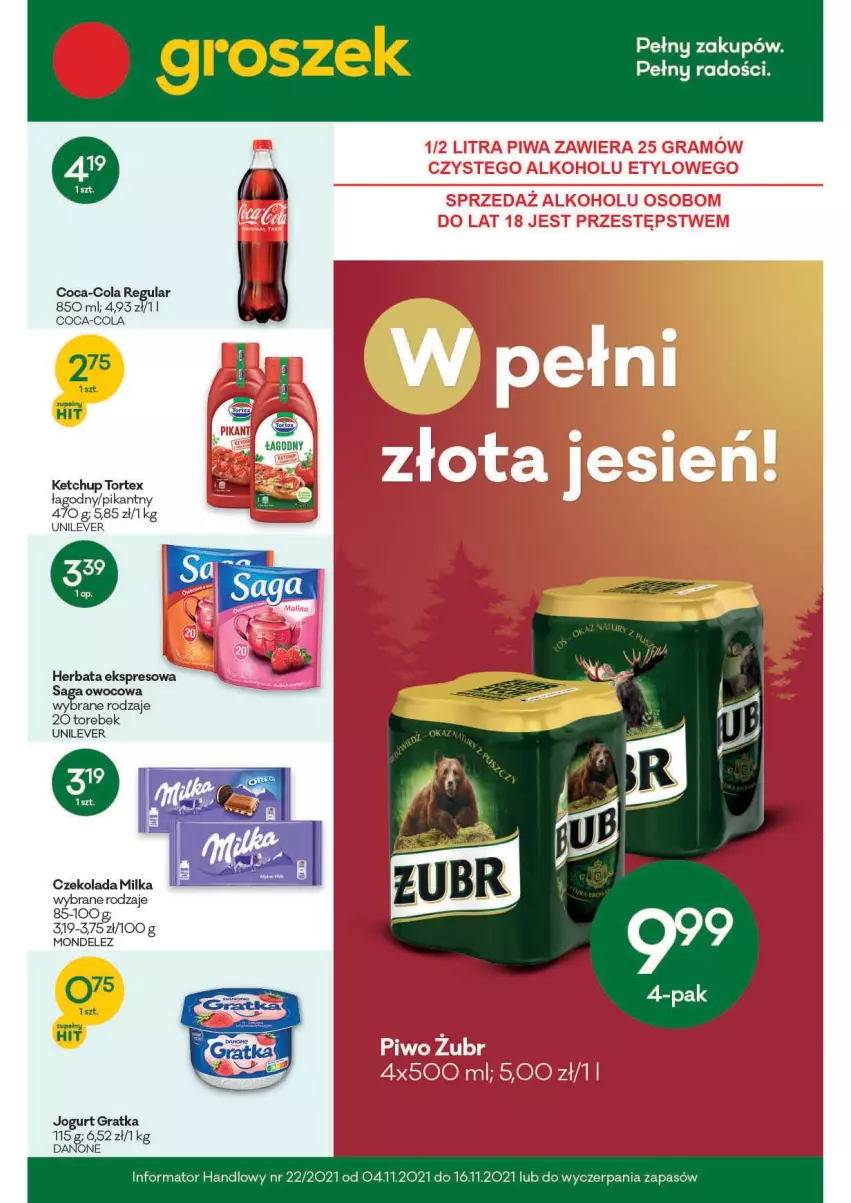 Gazetka promocyjna Groszek - Gazetka - ważna 04.11 do 16.11.2021 - strona 1 - produkty: Coca-Cola, Czekolada, Danone, Gra, Herbata, Jogurt, Ketchup, Milka, Saga