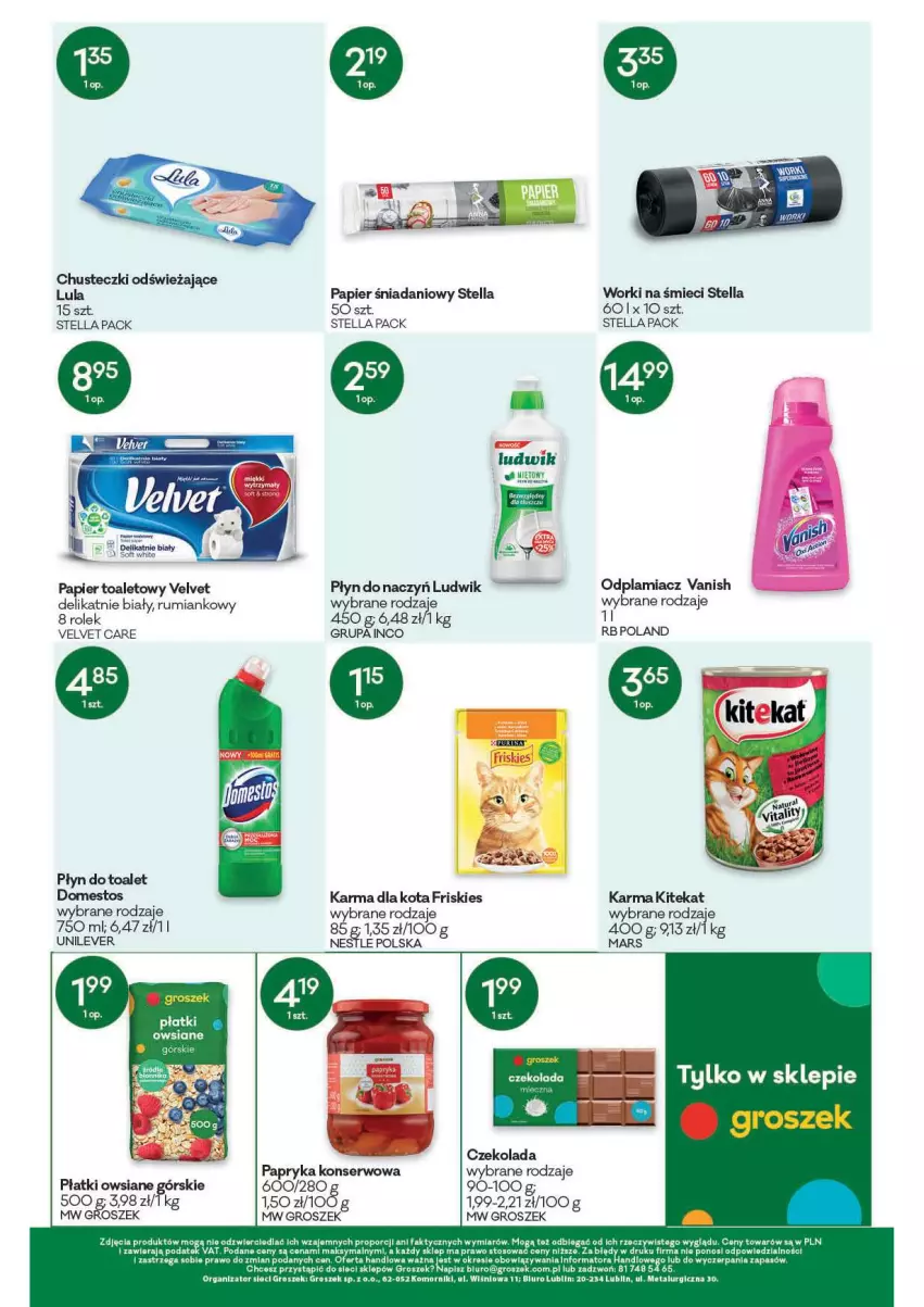 Gazetka promocyjna Groszek - Gazetka - ważna 04.11 do 16.11.2021 - strona 12 - produkty: Biuro, Chusteczki, Czekolada, Danio, Domestos, Fa, Friskies, Groszek, KiteKat, Ludwik, Mars, Odplamiacz, Papier, Papier toaletowy, Papryka, Płatki owsiane, Por, Rum, Ser, Vanish, Velvet, Worki na śmiec, Worki na śmieci