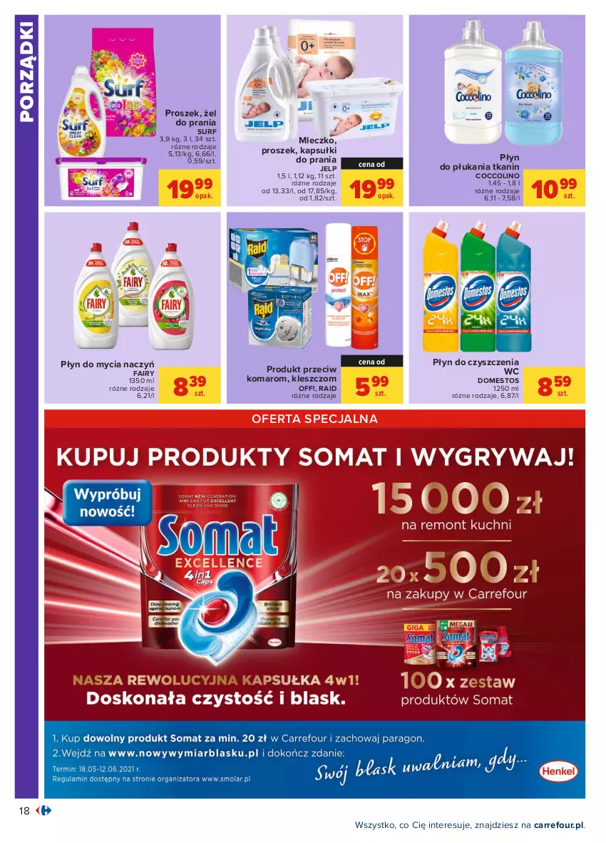 Gazetka promocyjna Carrefour - Gazetka Carrefour - ważna 17.05 do 29.05.2021 - strona 18 - produkty: Coccolino, Do mycia naczyń, Domestos, Fa, Fairy, Kapsułki do prania, Mleczko, Płyn do czyszczenia wc, Płyn do mycia, Płyn do mycia naczyń, Płyn do płukania, Por, Surf