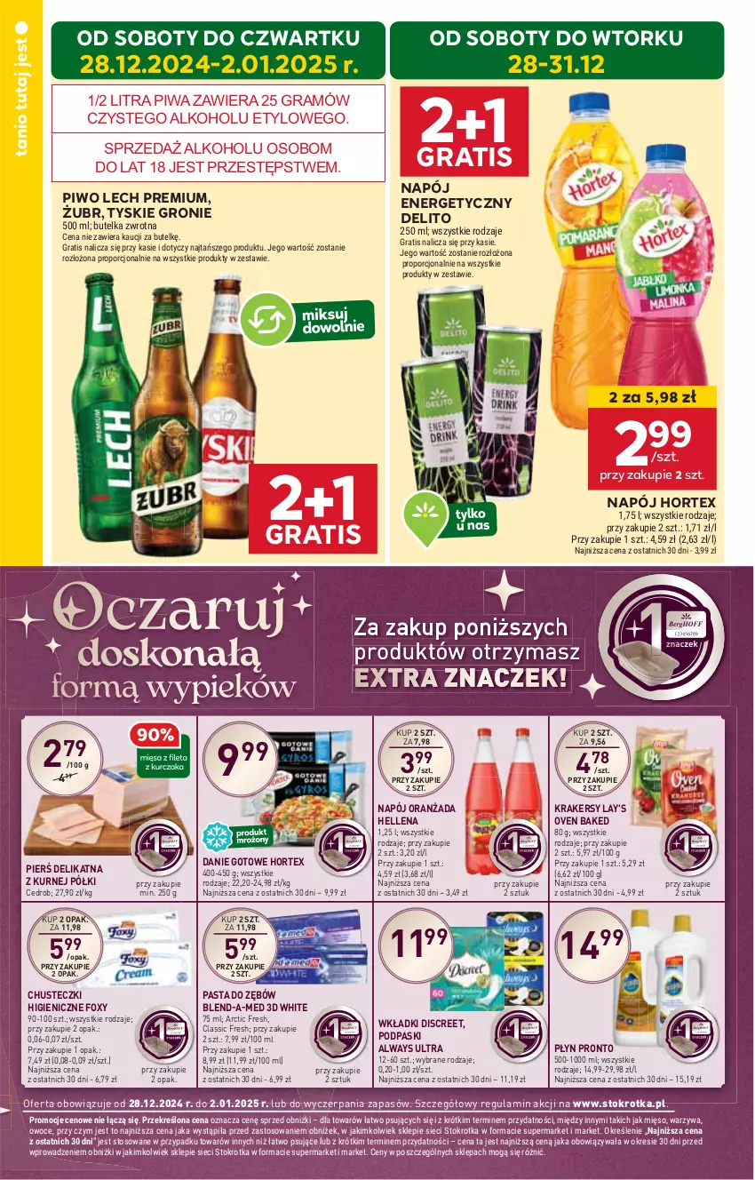 Gazetka promocyjna Stokrotka - Market - ważna 28.12.2024 do 02.01.2025 - strona 14 - produkty: Always, Always Ultra, Blend-a-Med, Chusteczki, Danie gotowe, Discreet, Foxy, Gra, Hellena, Hortex, HP, Krakersy, Lech Premium, Napój, Napój energetyczny, Oranżada, Pasta do zębów, Piwa, Piwo, Podpaski, Por, Pronto, Tyskie, Wkładki