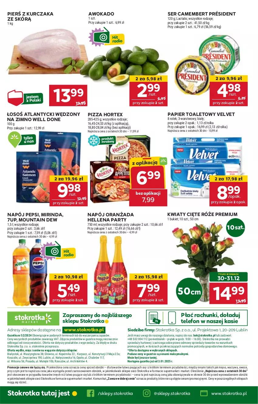 Gazetka promocyjna Stokrotka - Market - ważna 28.12.2024 do 02.01.2025 - strona 21 - produkty: 7up, Camembert, Dres, Hellena, Hortex, HP, JBL, Kurczak, Kwiaty cięte, Mirinda, Napój, Oranżada, Papier, Papier toaletowy, Pepsi, Pizza, Président, Ser, Telefon, Velvet