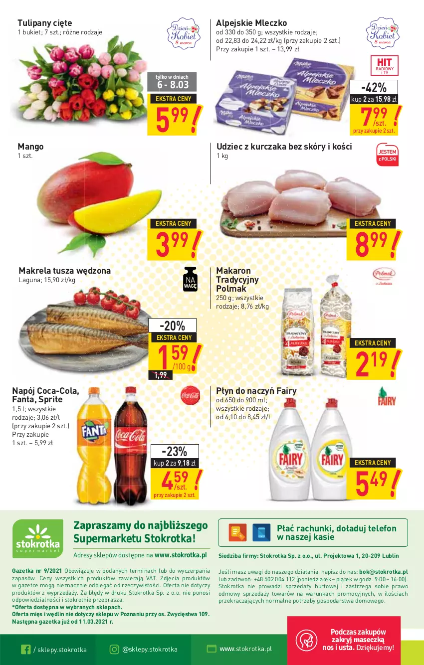 Gazetka promocyjna Stokrotka - Supermarket - ważna 04.03 do 10.03.2021 - strona 20 - produkty: Bukiet, Coca-Cola, Fa, Fairy, Fanta, Kurczak, Makaron, Mango, Mleczko, Napój, O nas, Olma, Sprite, Telefon, Tulipan, Tusz, Wagi