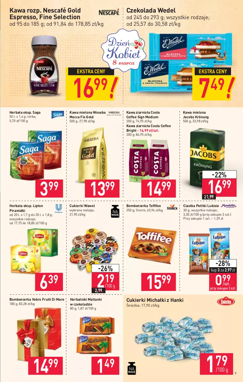 Gazetka promocyjna Stokrotka - Supermarket - ważna 04.03 do 10.03.2021 - strona 9 - produkty: Ciastka, Cukier, Cukierki, Czekolada, Herbata, Herbatniki, Jacobs, Jacobs Krönung, Kawa, Kawa mielona, Kawa ziarnista, Lipton, Lubisie, Michałki, Mocca Fix Gold, Nescafé, Saga, Toffifee, Torba, Wawel, Woseba