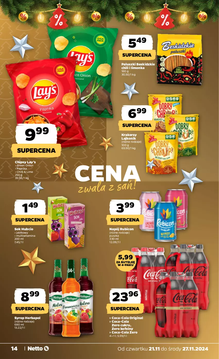 Gazetka promocyjna Netto - Od Czwartku - ważna 21.11 do 27.11.2024 - strona 14 - produkty: Beskidzki, BIC, Chipsy, Coca-Cola, Gin, Herbapol, Krakersy, Lajkonik, Lay’s, Limonka, Napój, Sok, Syrop