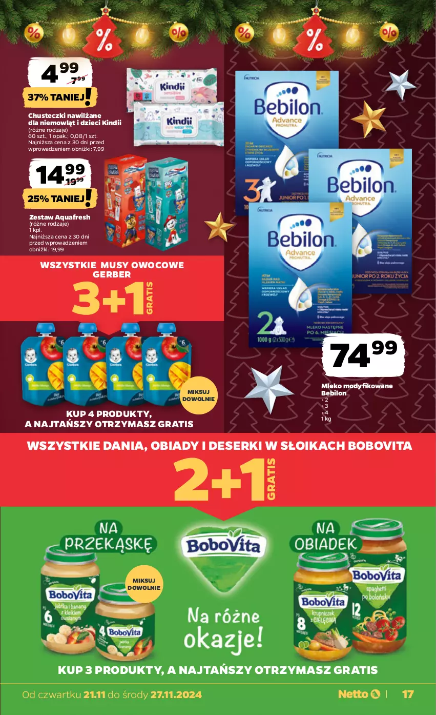 Gazetka promocyjna Netto - Od Czwartku - ważna 21.11 do 27.11.2024 - strona 17 - produkty: Aquafresh, BEBILON, BoboVita, Chusteczki, Deser, Dzieci, Gerber, Gra, Kindii, Mleko, Mleko modyfikowane, Mus, Ser