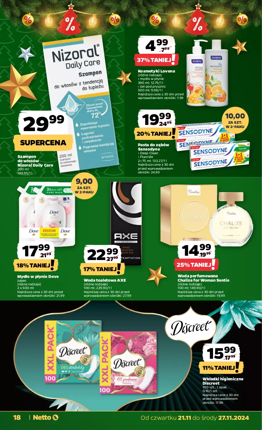 Gazetka promocyjna Netto - Od Czwartku - ważna 21.11 do 27.11.2024 - strona 18 - produkty: Discreet, Dove, Mydło, Mydło w płynie, Pasta do zębów, Perfum, Sensodyne, Szampon, Wkładki, Woda, Woda perfumowana, Woda toaletowa