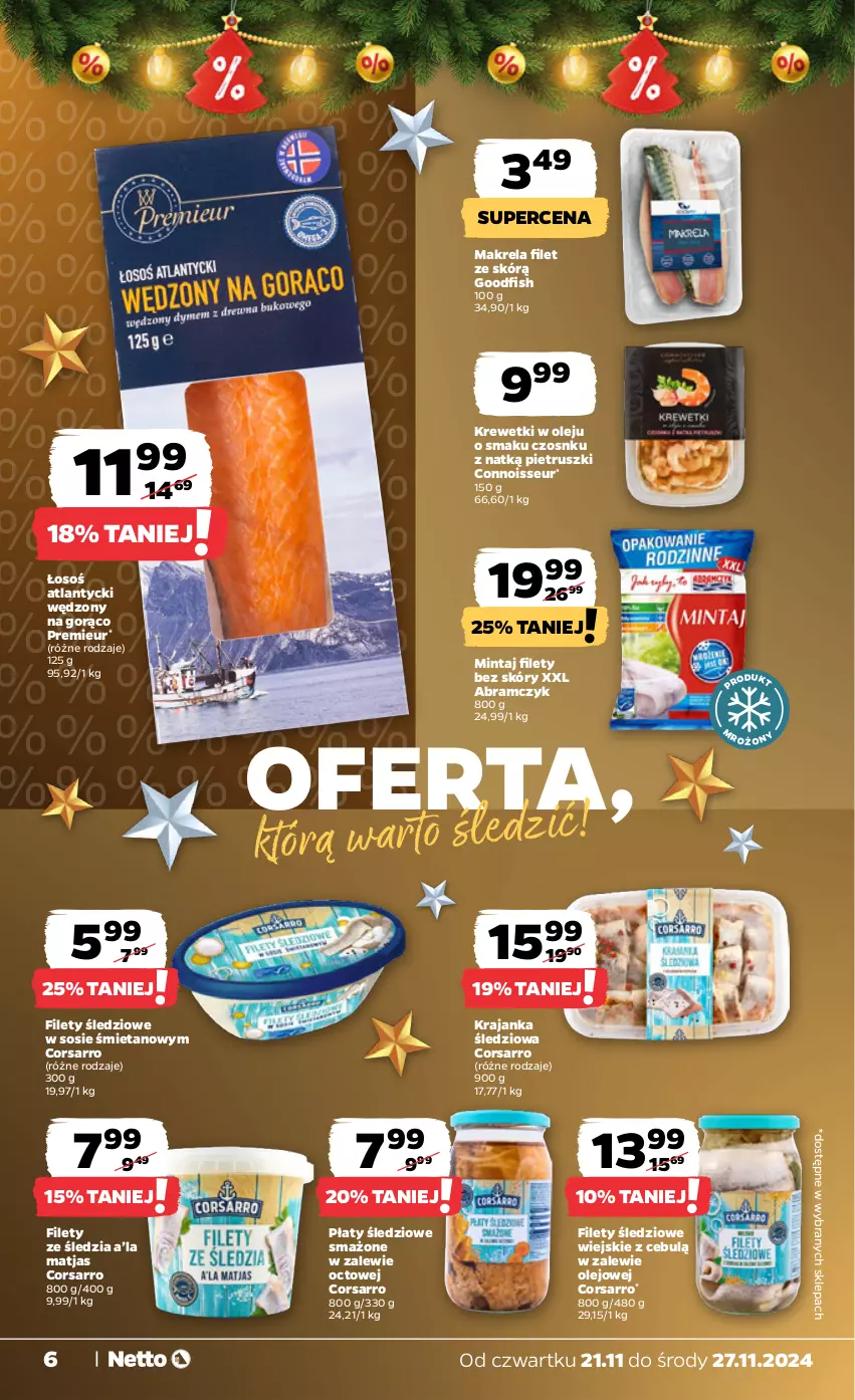 Gazetka promocyjna Netto - Od Czwartku - ważna 21.11 do 27.11.2024 - strona 6 - produkty: Krajanka śledziowa, Krewetki, Matjas, Mintaj, Olej, Płaty śledziowe, Sos