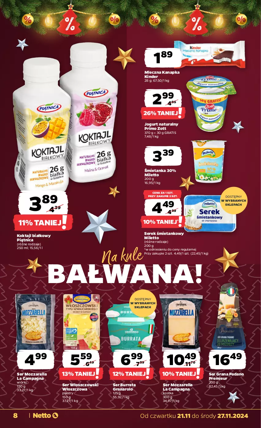 Gazetka promocyjna Netto - Od Czwartku - ważna 21.11 do 27.11.2024 - strona 8 - produkty: Burrata, Gra, Jogurt, Jogurt naturalny, Kinder, Mleczna kanapka, Mozzarella, Piątnica, Ser, Serek, Włoszczowski, Zott