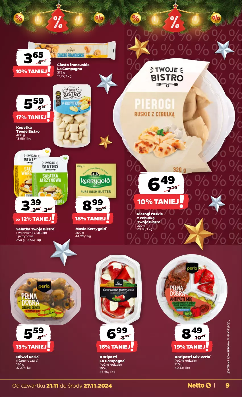 Gazetka promocyjna Netto - Od Czwartku - ważna 21.11 do 27.11.2024 - strona 9 - produkty: Ciasto francuskie, Kopytka, Masło, Oliwki, Pierogi, Sałat, Sałatka