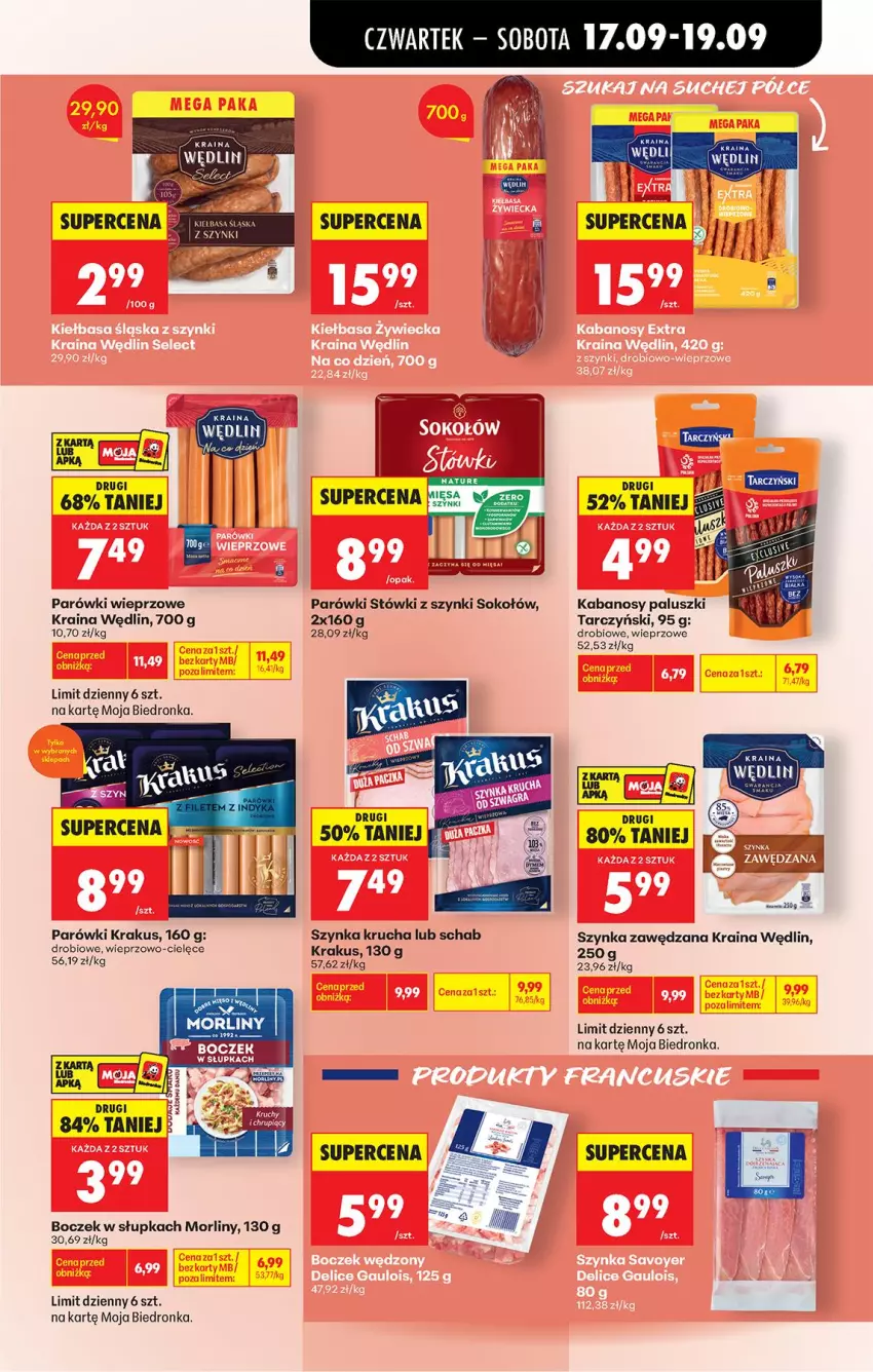Gazetka promocyjna Biedronka - Od Czwartku - ważna 17.09 do 23.09.2026 - strona 53 - produkty: Boczek, Kabanos, Kiełbasa, Kiełbasa śląska, Krakus, Morliny, Parówki, Sok, Sokołów, Szynka, Tarczyński
