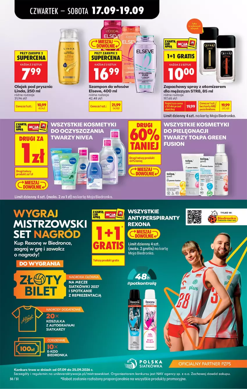 Gazetka promocyjna Biedronka - Od Czwartku - ważna 17.09 do 23.09.2026 - strona 72 - produkty: Elseve, EPEE, Fa, Gra, Kosz, Koszulka, Mecze, Olej, Olejek pod prysznic, Por, Rexona, Siatka, Str8, Szampon, Tołpa