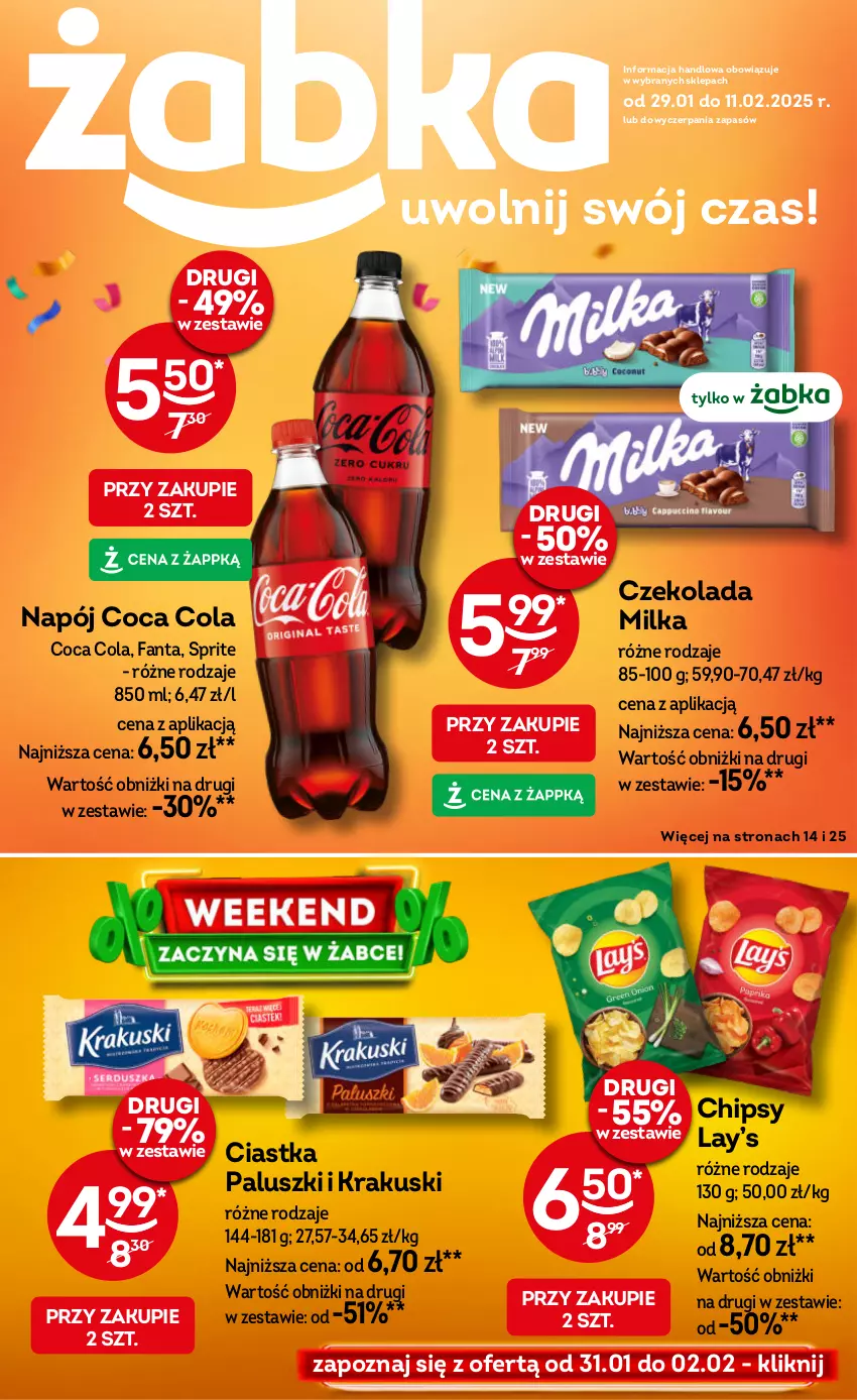 Gazetka promocyjna Żabka - ważna 29.01 do 11.02.2025 - strona 1 - produkty: Chipsy, Ciastka, Czekolada, Fa, Fanta, Krakus, Krakuski, Lay’s, Milka, Napój, Sprite