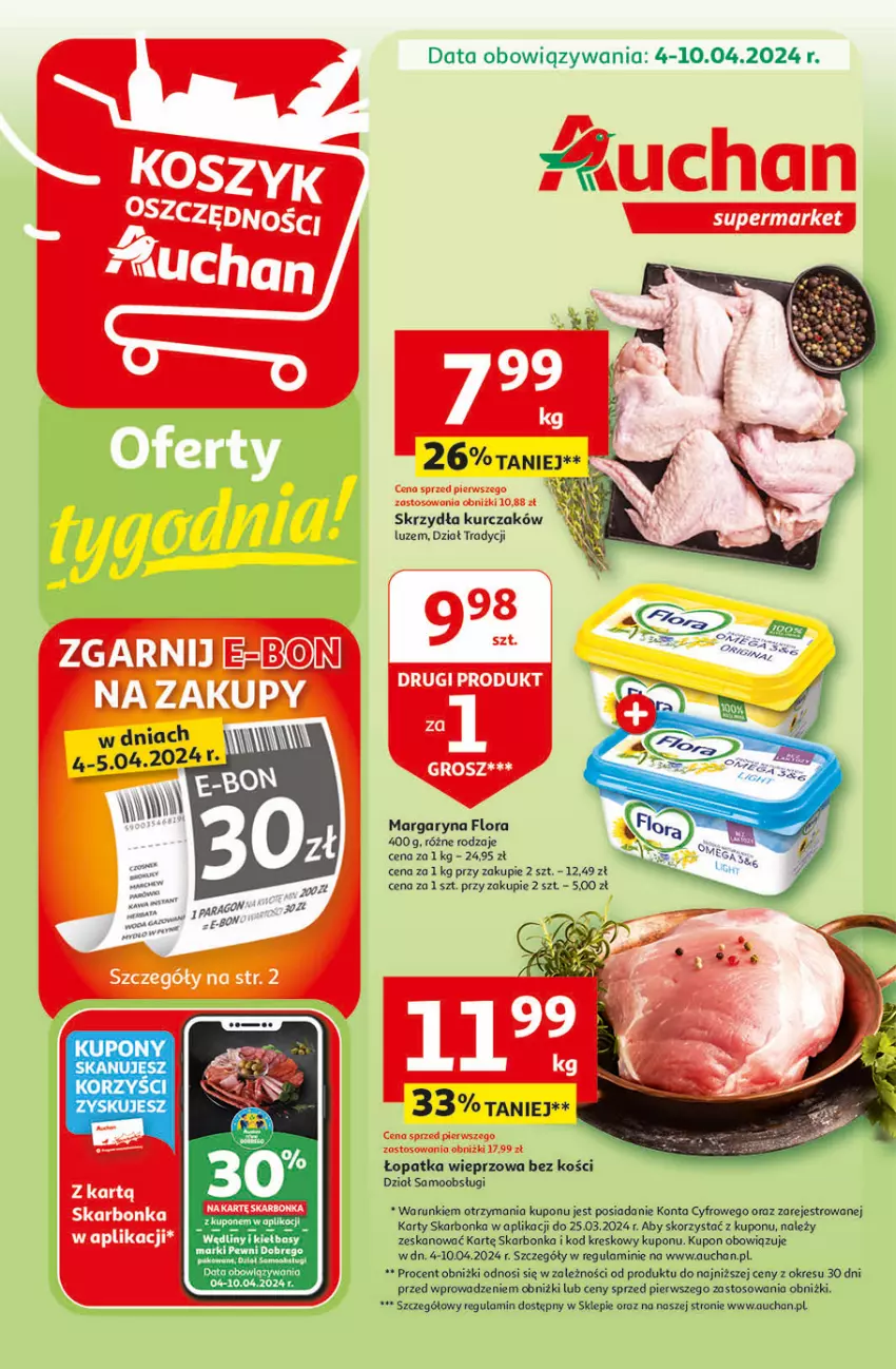 Gazetka promocyjna Auchan - Gazetka Oferty tygodnia! Supermarket Auchan - ważna 04.04 do 10.04.2024 - strona 1 - produkty: Flora, Kurczak, Margaryna