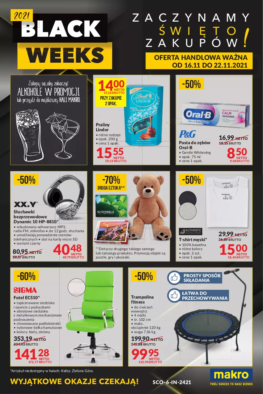 Gazetka promocyjna Makro - [Oferta specjalna] Black Week - ważna 16.11 do 22.11.2021 - strona 1 - produkty: Fotel, Gry, HP, Lack, Lindor, Mikrofon, Pasta do zębów, Pluszak, Poduszka, Praliny, Puzzle, Siedzisko, Słuchawki, Słuchawki bezprzewodowe, T-shirt, Telefon, Waga, Wełna