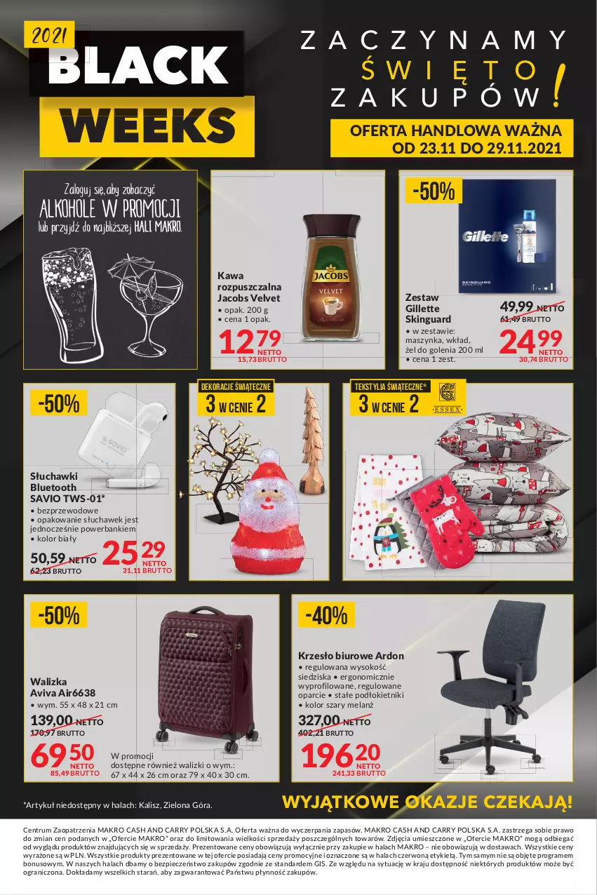 Gazetka promocyjna Makro - [Oferta specjalna] Black Week - ważna 16.11 do 22.11.2021 - strona 2 - produkty: Biuro, Gillette, Gra, Jacobs, Jacobs Velvet, Kawa, Kawa rozpuszczalna, Krzesło, Lack, Maszynka, Piec, Powerbank, Rum, Słuchawki, Słuchawki bluetooth, Sok, Szynka, Velvet, Walizka