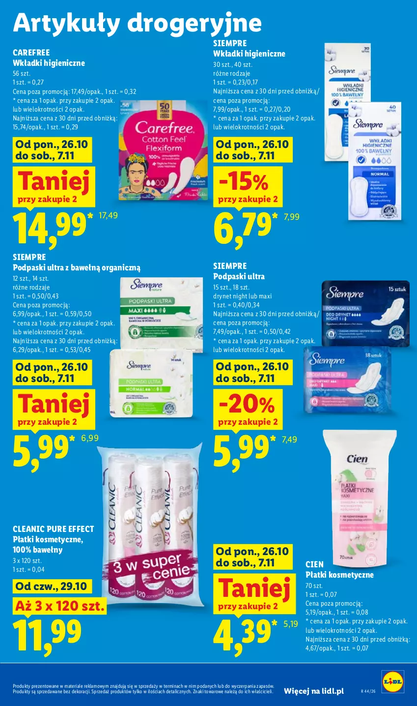 Gazetka promocyjna Lidl - Gazetka - ważna 29.10 do 31.10.2026 - strona 103 - produkty: Carefree, Cleanic, Płatki kosmetyczne, Podpaski, Pur, Wkładki