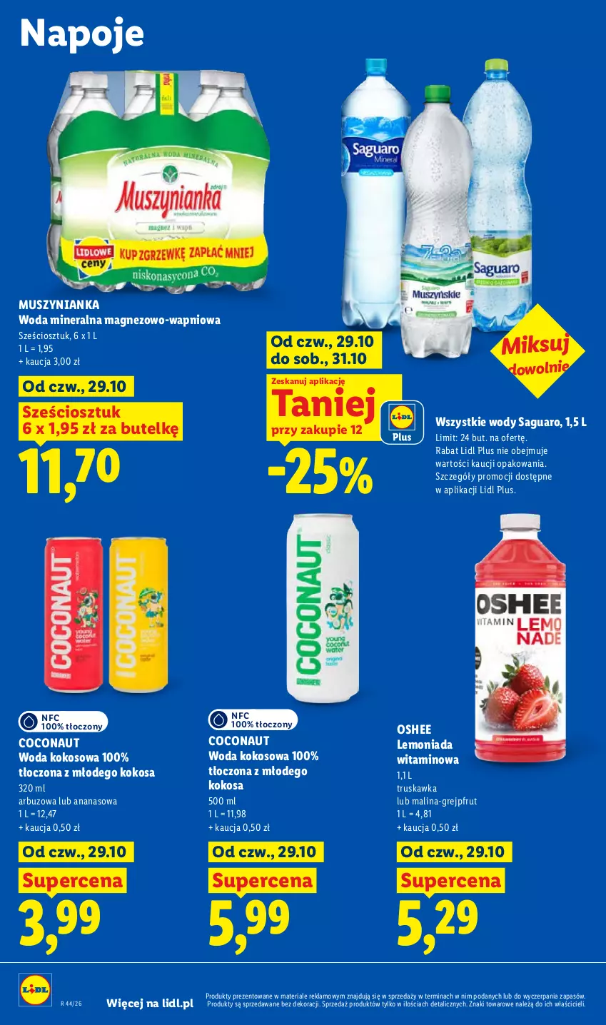 Gazetka promocyjna Lidl - Gazetka - ważna 29.10 do 31.10.2026 - strona 84 - produkty: Ananas, Arbuz, Grejpfrut, Kokos, Lemoniada, Magnez, Mus, Muszynianka, Napoje, Oshee, Woda, Woda mineralna