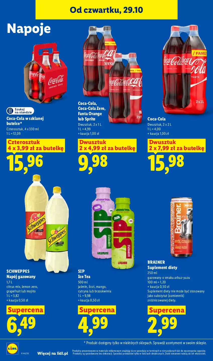 Gazetka promocyjna Lidl - Gazetka - ważna 29.10 do 31.10.2026 - strona 86 - produkty: Arbuz, Coca-Cola, Fa, Fanta, Gra, Ice tea, Liczi, Mango, Napój, Napój gazowany, Napoje, Schweppes, Sprite, Suplement diety