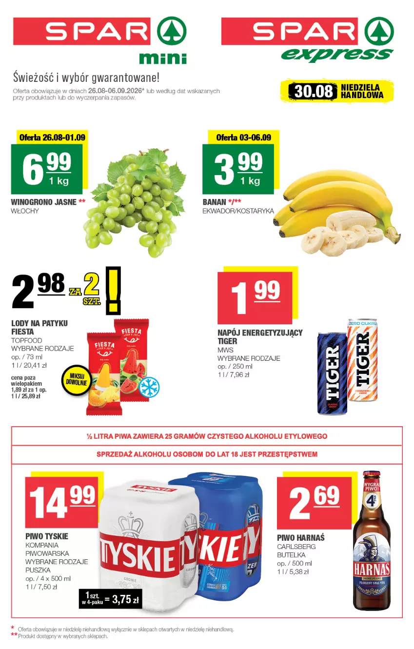 Gazetka promocyjna Spar - Spar-Mini - ważna 26.08 do 06.09.2026 - strona 1 - produkty: Carlsberg, Gra, Harnaś, Lody, Piwa, Piwo, Tiger, Top, Tyskie, Wino