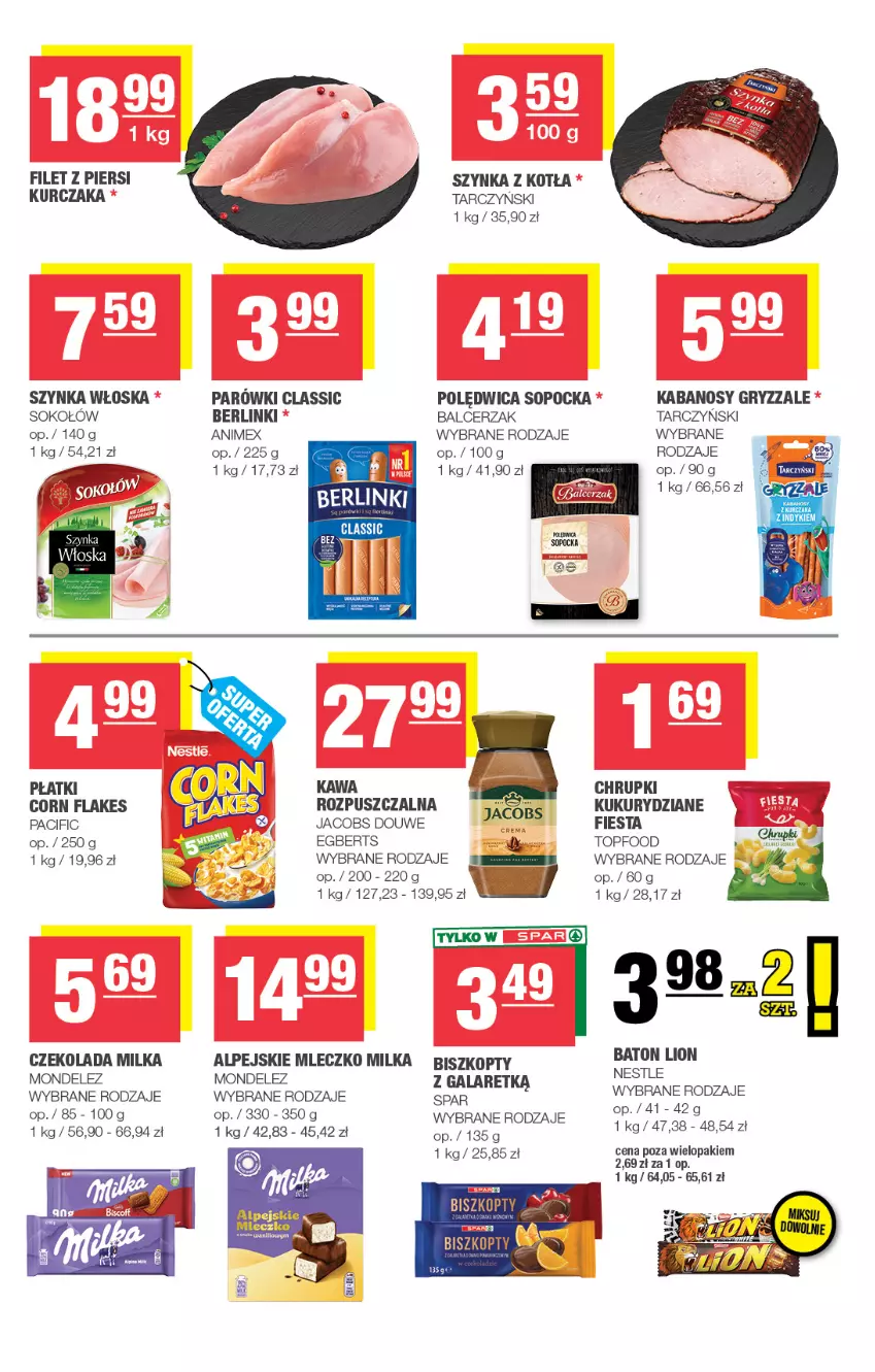 Gazetka promocyjna Spar - Spar-Mini - ważna 26.08 do 06.09.2026 - strona 3 - produkty: Baton, Berlinki, Biszkopty, Chrupki, Cif, Corn flakes, Czekolada, Gala, Gry, Jacobs, Kabanos, Kawa, Kurczak, Lion, Milka, Mleczko, Parówki, Polędwica, Sok, Sokołów, Szynka, Tarczyński, Top