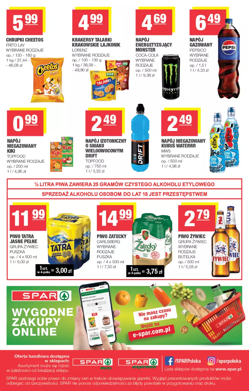 Gazetka promocyjna Spar - Spar-Mini - ważna 26.08 do 06.09.2026 - strona 4 - produkty: Carlsberg, Cheetos, Chrupki, Coca-Cola, Krakersy, Kubuś, Kubuś Waterrr, Lajkonik, Lorenz, Napój, Napój niegazowany, Pepsi, Piwo, Tatra, Top