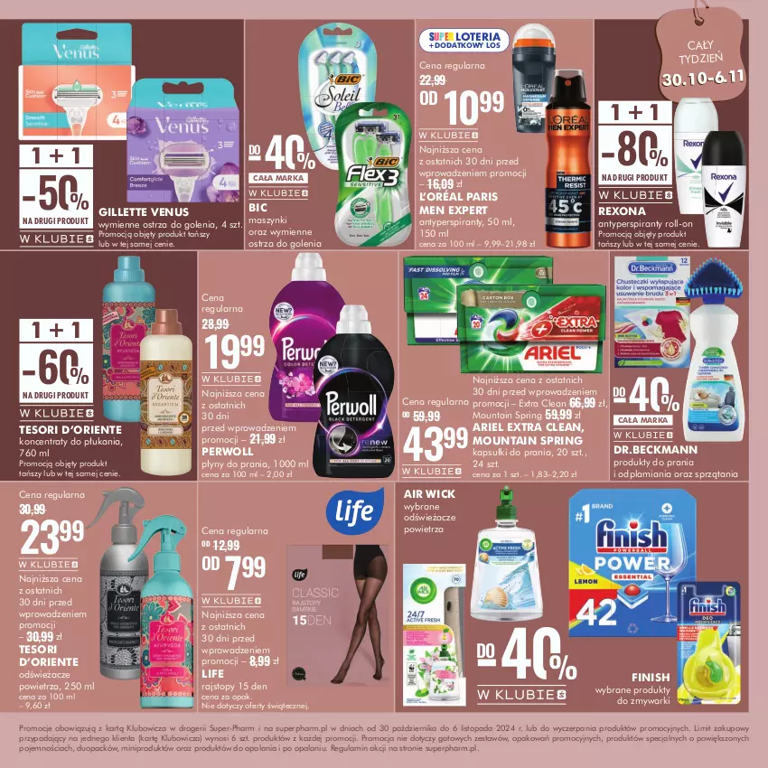 Gazetka promocyjna Super Pharm - ważna 30.10 do 06.11.2024 - strona 10 - produkty: Air Wick, Antyperspirant, Ariel, BIC, Finish, Gillette, Gillette Venus, Kapsułki do prania, L’Oréal, Perwoll, Rajstopy, Rexona, Top, Venus, Zmywarki