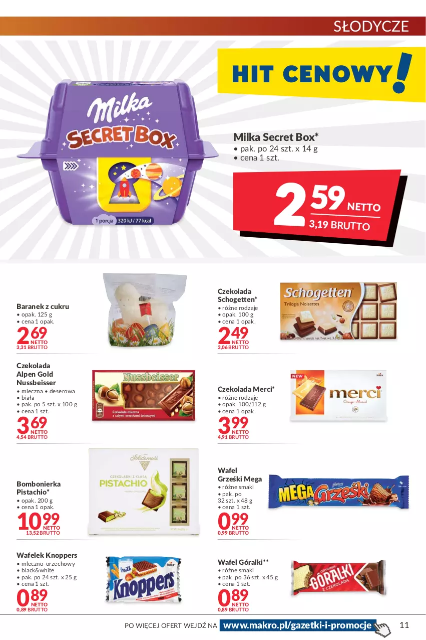 Gazetka promocyjna Makro - [Oferta promocyjna] Artykuły spożywcze i przemysłowe - ważna 22.03 do 04.04.2022 - strona 11 - produkty: Czekolada, Deser, Góralki, Grześki, Knoppers, Lack, Merci, Milka, Schogetten, Ser, Wafelek