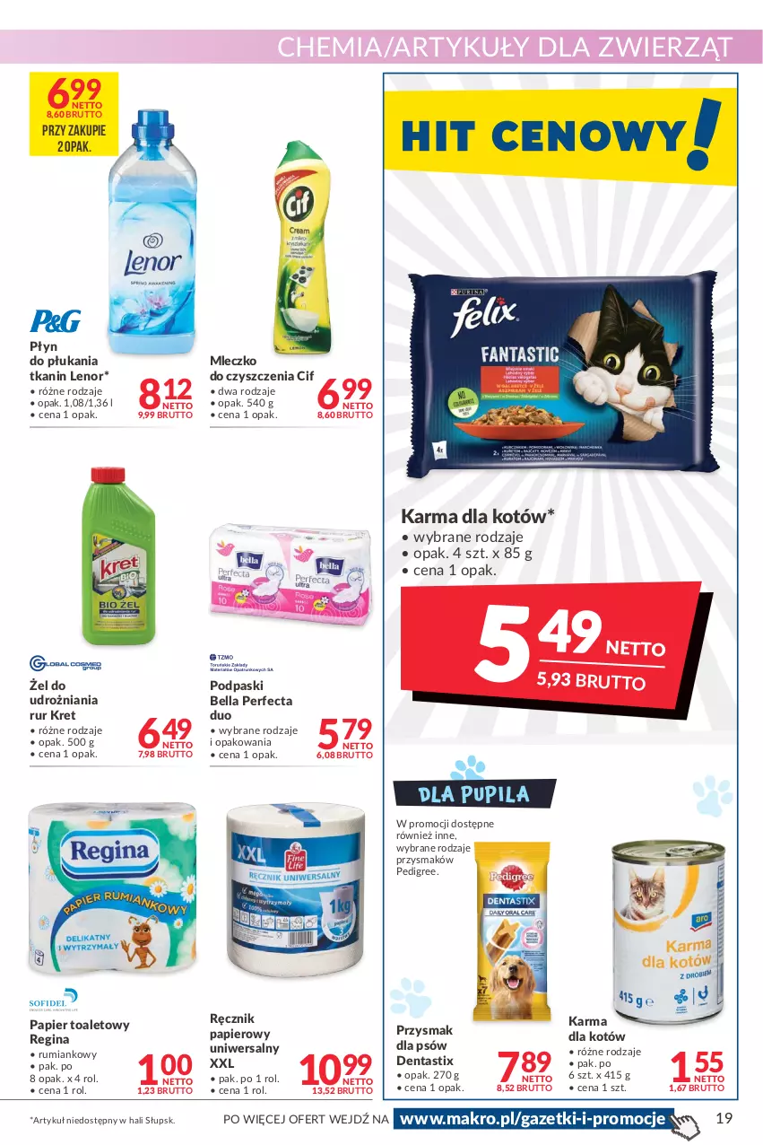 Gazetka promocyjna Makro - [Oferta promocyjna] Artykuły spożywcze i przemysłowe - ważna 22.03 do 04.04.2022 - strona 19 - produkty: Bell, Bella, Cif, Gin, Kret, Lenor, Mleczko, Papier, Papier toaletowy, Pedigree, Perfecta, Płyn do płukania, Podpaski, Ręcznik, Rum