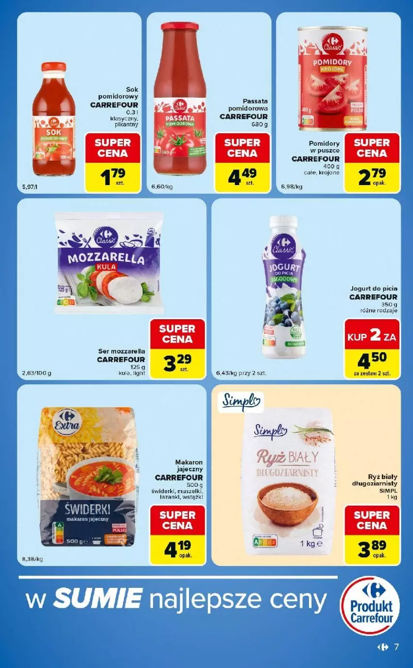 Gazetka promocyjna Carrefour - Gazetka Express w SUMIE ekspresowe zakupy - ważna 09.06 do 15.06.2026 - strona 7 - produkty: Jogurt, Makaron, Mozzarella, Mus, Pomidory, Ryż, Ryż biały, Ser, Sok, Sok pomidorowy