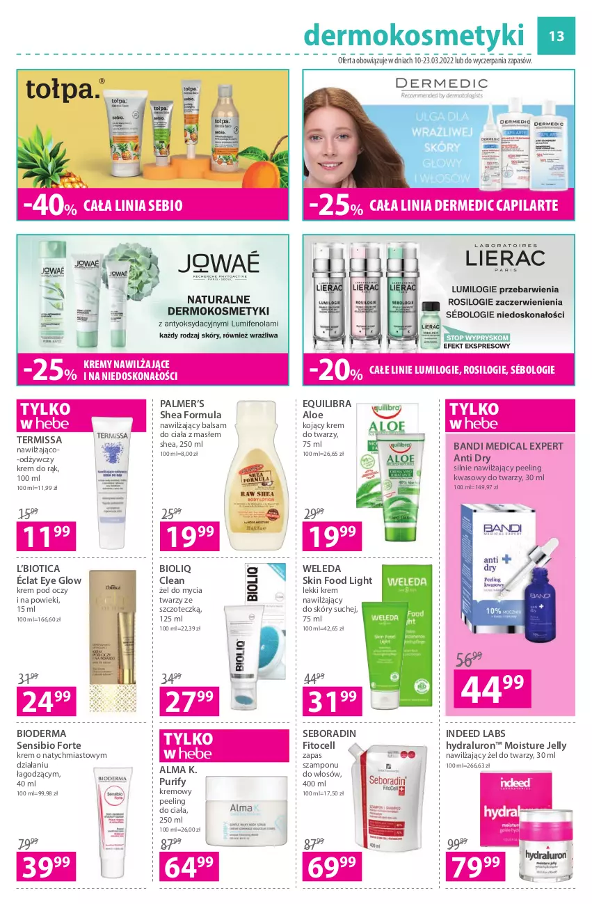 Gazetka promocyjna Hebe - Magazyn - ważna 10.03 do 23.03.2022 - strona 13 - produkty: Balsam do ciała, Bandi, Bioderma, Capilarte, Dermedic, Krem do rąk, Krem do twarzy, Krem nawilżający, Krem pod oczy, Nawilżający balsam, Peeling, Pur, Seboradin, Szampon, Weleda