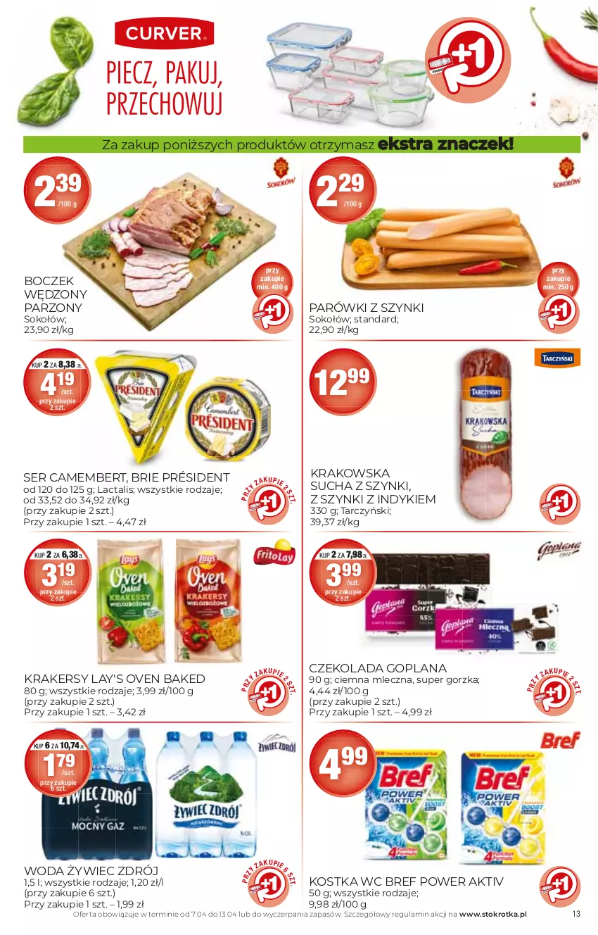 Gazetka promocyjna Stokrotka - Supermarket - ważna 07.04 do 13.04.2022 - strona 13 - produkty: Boczek, Bref, Brie, Camembert, Czekolada, Goplana, Krakersy, LANA, Parówki, Parówki z szynki, Président, Ser, Sok, Sokołów, Tarczyński, Woda