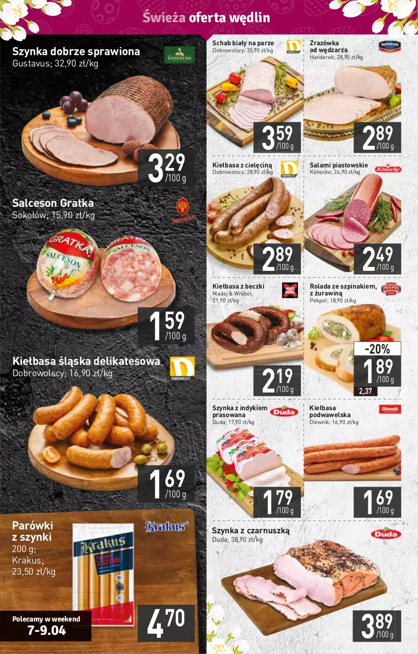 Gazetka promocyjna Stokrotka - Supermarket - ważna 07.04 do 13.04.2022 - strona 6 - produkty: Duda, Gra, HP, Kiełbasa, Kiełbasa podwawelska, Kiełbasa śląska, Krakus, Olewnik, Parówki, Parówki z szynki, Pekpol, Piast, Rolada, Salami, Salceson, Sok, Sokołów, Szpinak, Szynka, Wawel