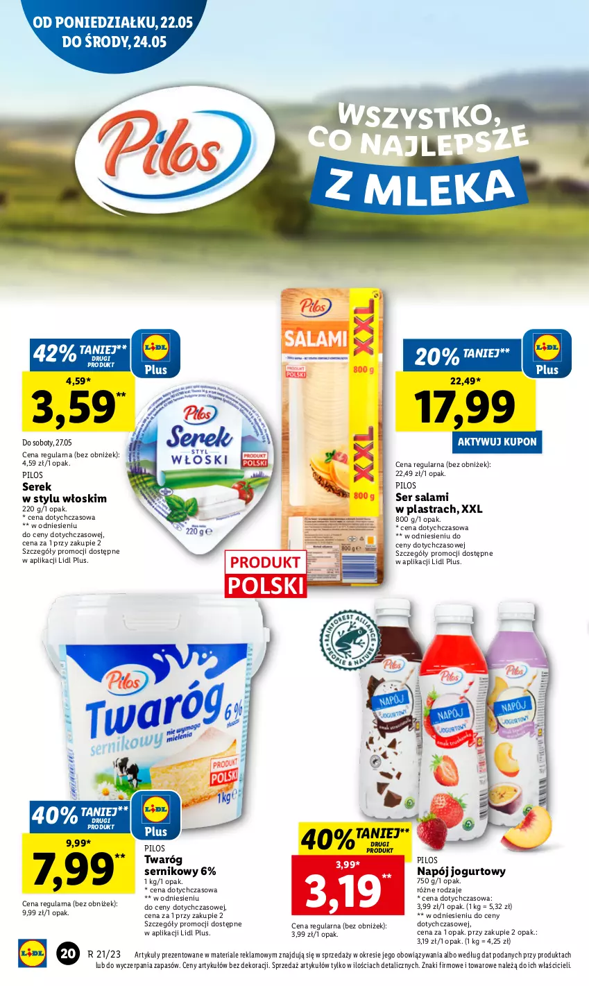 Gazetka promocyjna Lidl - GAZETKA - ważna 22.05 do 24.05.2023 - strona 24 - produkty: Jogurt, Napój, Napój jogurtowy, Pilos, Salami, Ser, Ser salami, Serek, Twaróg