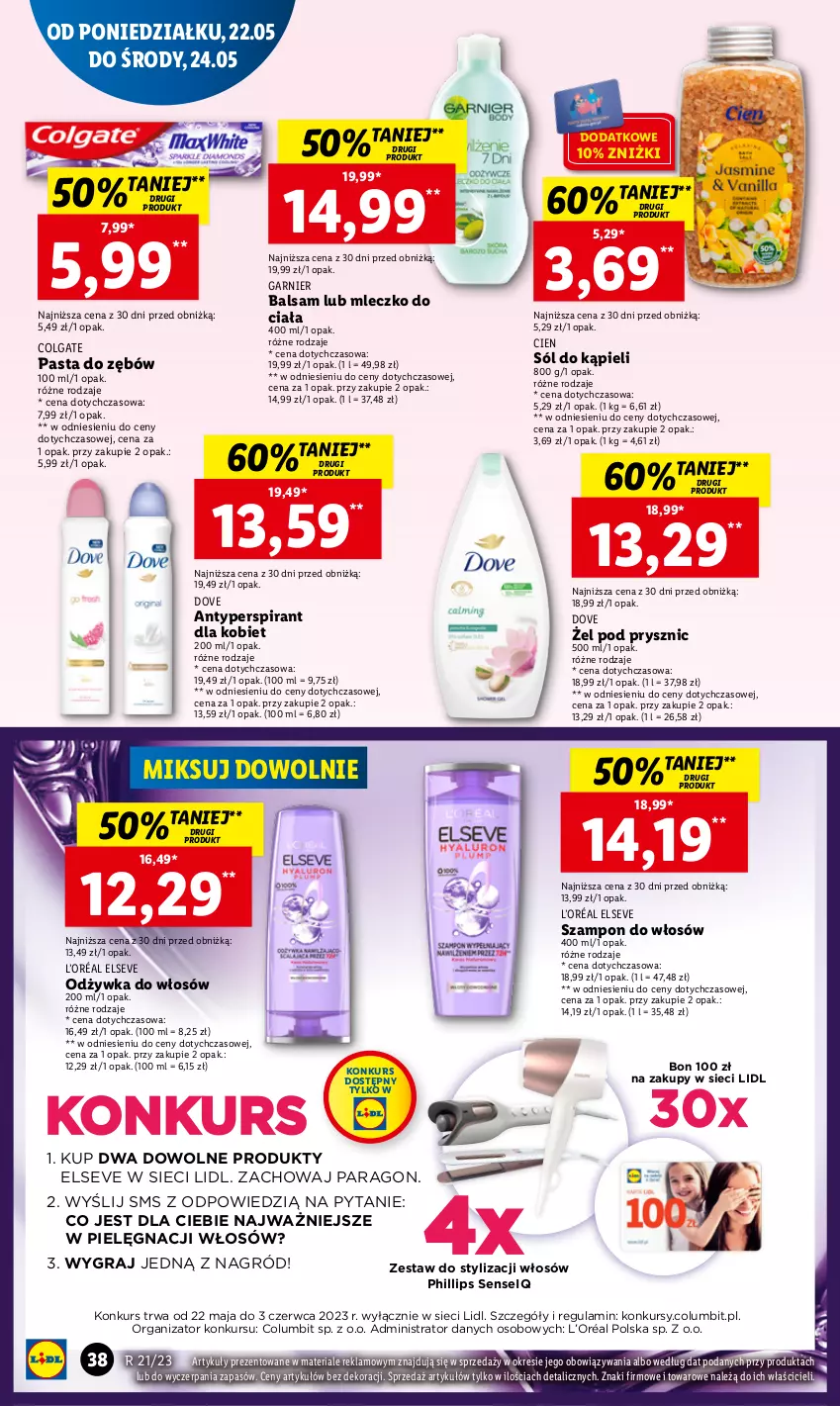 Gazetka promocyjna Lidl - GAZETKA - ważna 22.05 do 24.05.2023 - strona 44 - produkty: Antyperspirant, Colgate, Dove, Elseve, Garnier, Gra, L’Oréal, LG, Mleczko, Mleczko do ciała, Odżywka, Pasta do zębów, Sól, Sól do kąpieli, Szampon