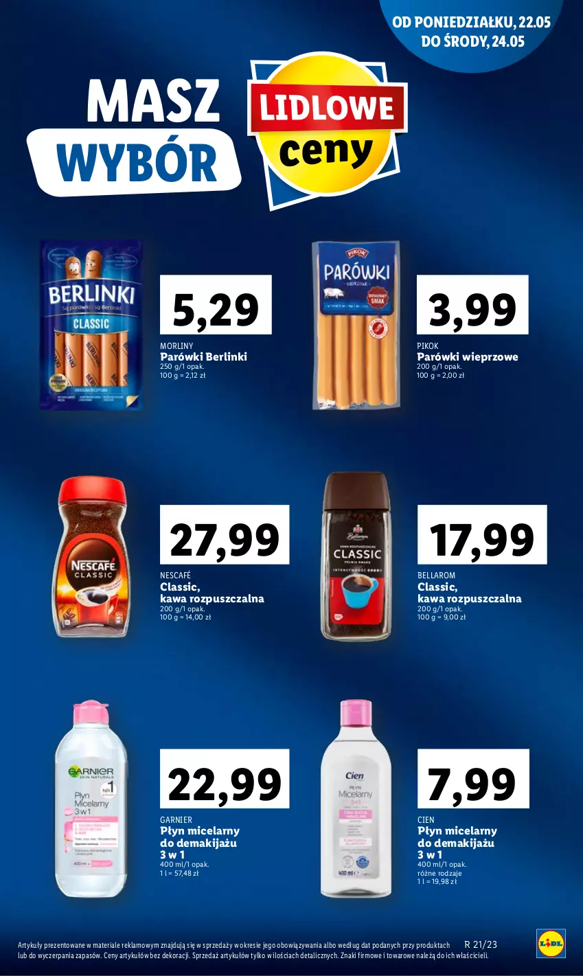 Gazetka promocyjna Lidl - GAZETKA - ważna 22.05 do 24.05.2023 - strona 7 - produkty: Bell, Bella, Berlinki, Garnier, Kawa, Kawa rozpuszczalna, Makijaż, Morliny, Nescafé, Parówki, PIKOK, Płyn micelarny