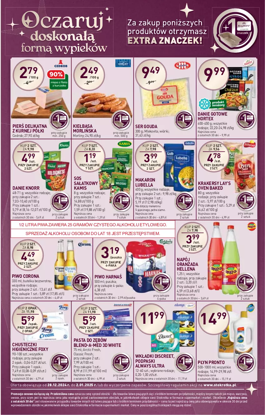 Gazetka promocyjna Stokrotka - Supermarket - ważna 28.12.2024 do 02.01.2025 - strona 11 - produkty: Always, Always Ultra, Bell, Bella, Blend-a-Med, Chusteczki, Danie gotowe, Discreet, Foxy, Gouda, Gra, Harnaś, Hellena, Hortex, HP, Kamis, Kiełbasa, Knorr, Krakersy, Lubella, Makaron, Mleko, Mlekovita, Morliny, Napój, Oranżada, Pasta do zębów, Piwa, Piwo, Podpaski, Pronto, Sałat, Ser, Sos, Wkładki