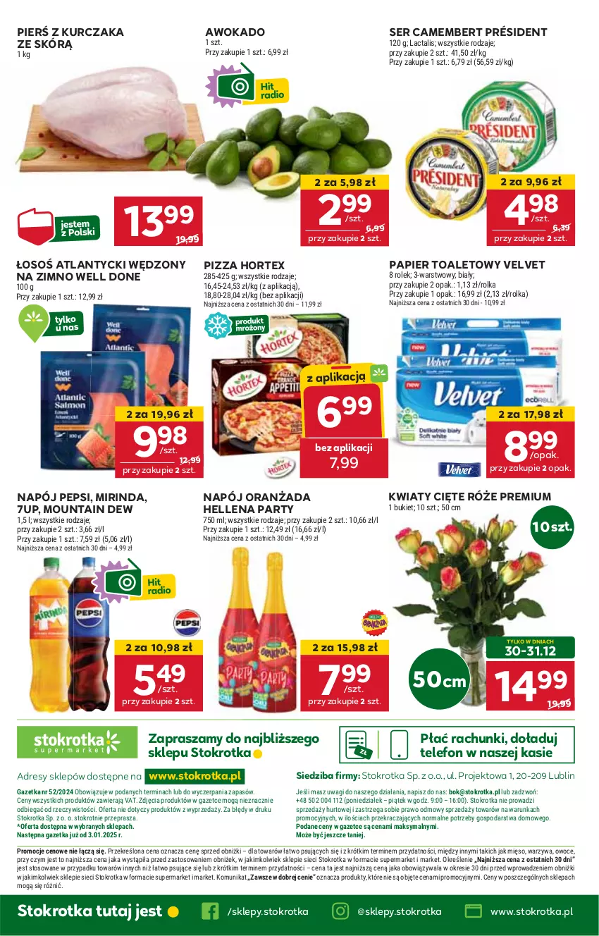 Gazetka promocyjna Stokrotka - Supermarket - ważna 28.12.2024 do 02.01.2025 - strona 27 - produkty: 7up, Camembert, Dres, Hellena, Hortex, HP, JBL, Kurczak, Kwiaty cięte, Mirinda, Napój, Oranżada, Papier, Papier toaletowy, Pepsi, Pizza, Président, Ser, Telefon, Velvet