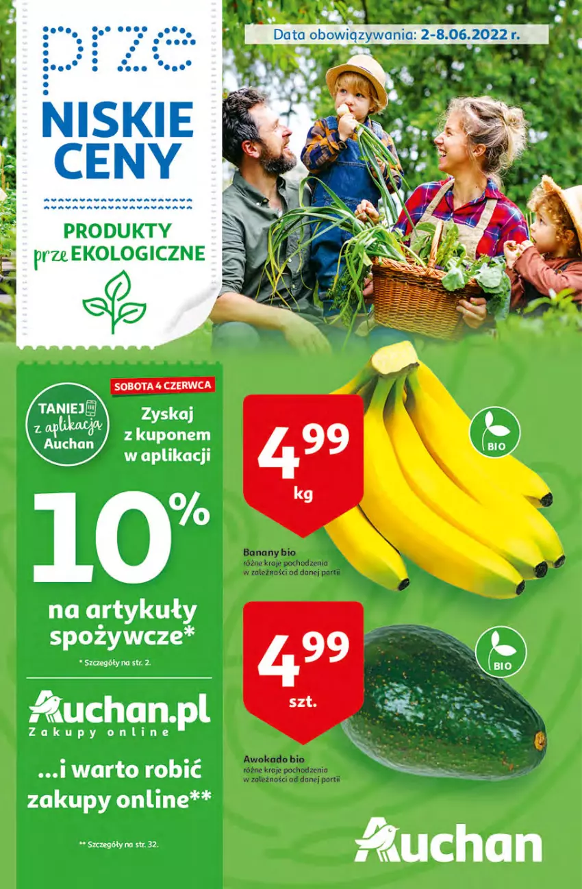 Gazetka promocyjna Auchan - przeNISKIE CENY PRODUKTY przeEKOLOGICZNE Hipermarkety - ważna 02.06 do 08.06.2022 - strona 1 - produkty: Banany