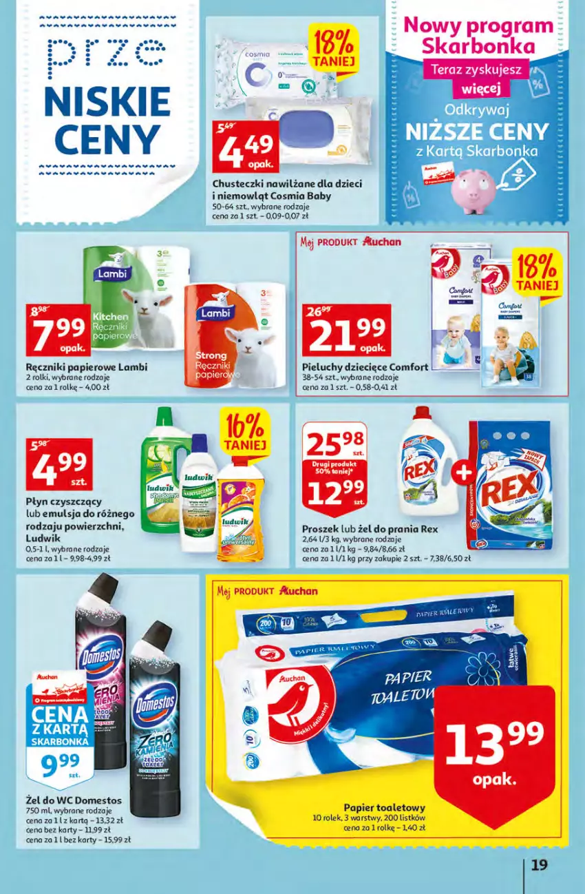 Gazetka promocyjna Auchan - przeNISKIE CENY PRODUKTY przeEKOLOGICZNE Hipermarkety - ważna 02.06 do 08.06.2022 - strona 19 - produkty: Chusteczki, Domestos, Dzieci, Emulsja, Fa, Gra, Ludwik, Mus, Papier, Papier toaletowy, Pieluchy, Ręcznik, Ręczniki papierowe, Rolki, Stek