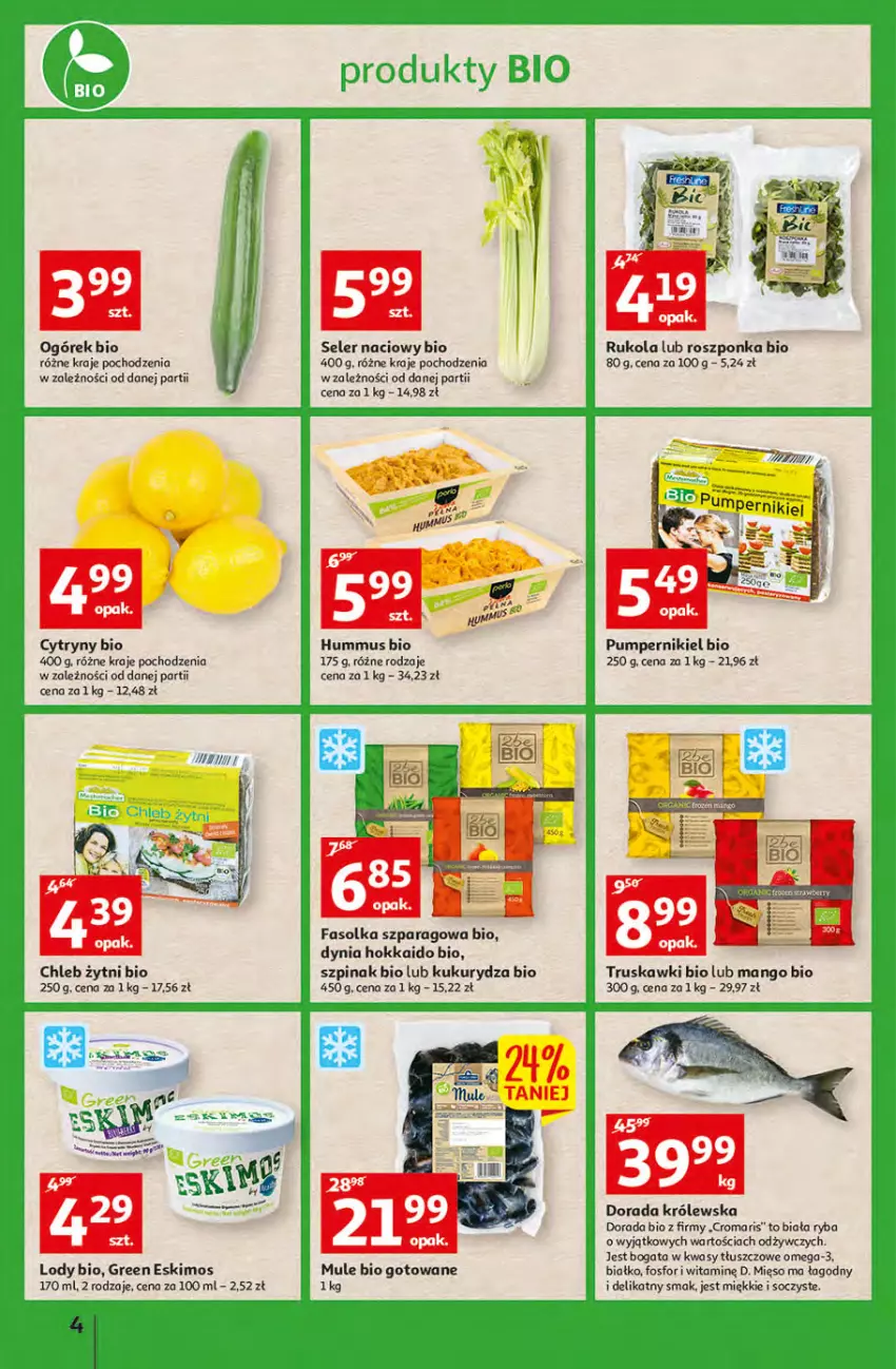 Gazetka promocyjna Auchan - przeNISKIE CENY PRODUKTY przeEKOLOGICZNE Hipermarkety - ważna 02.06 do 08.06.2022 - strona 4 - produkty: Chleb, Cytryny, Fa, Hummus, Kukurydza, Lody, Mango, Mięso, Mule, Mus, Omega-3, Roszponka, Rukola, Ryba, Seler naciowy, Szpinak, Truskawki