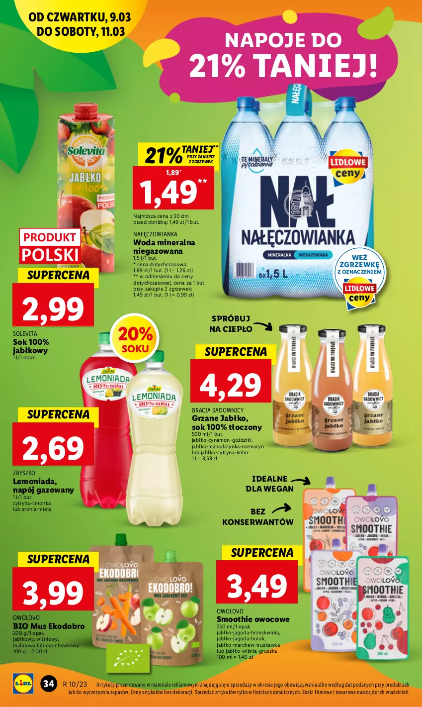 Gazetka promocyjna Lidl - GAZETKA - ważna 09.03 do 11.03.2023 - strona 36 - produkty: Aronia, Imbir, Lemoniada, Limonka, Mięta, Mus, Nałęczowianka, Napój, Napój gazowany, Napoje, Ser, Smoothie, Sok, Woda, Woda mineralna