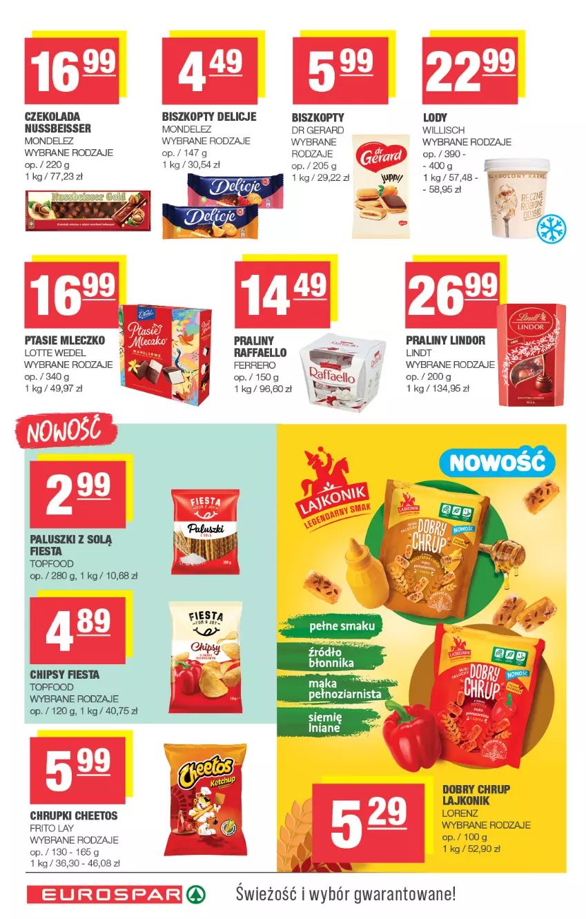 Gazetka promocyjna Spar - EuroSpar - ważna 05.10 do 15.10.2025 - strona 12 - produkty: Biszkopty, Cheetos, Chipsy, Chrupki, Czekolada, Delicje, Dr Gerard, Fa, Ferrero, Lajkonik, Lindor, Lindt, Lody, Lorenz, Mleczko, Praliny, Ptasie mleczko, Raffaello, Ser, Top
