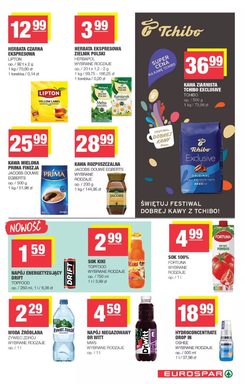 Gazetka promocyjna Spar - EuroSpar - ważna 05.10 do 15.10.2025 - strona 13 - produkty: Fortuna, Gin, Herbapol, Herbata, Herbata czarna, Jacobs, Kawa, Kawa mielona, Kawa rozpuszczalna, Kawa ziarnista, LANA, Lipton, Napój, Napój niegazowany, Oshee, Prima, Sok, Tchibo, Top, Torebka, Woda