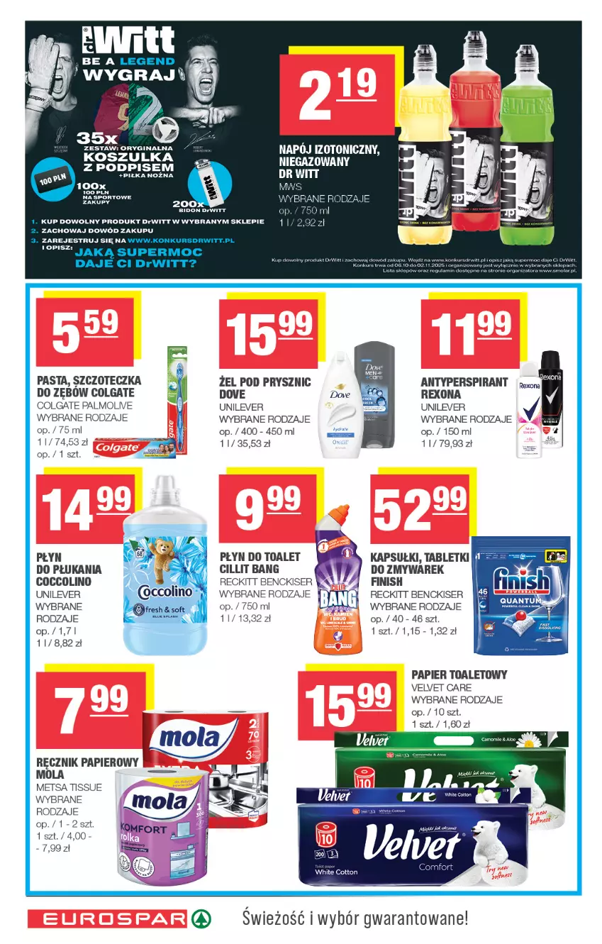 Gazetka promocyjna Spar - EuroSpar - ważna 05.10 do 15.10.2025 - strona 14 - produkty: Antyperspirant, Cillit Bang, Coccolino, Colgate, Dove, Finish, Kosz, Koszulka, LG, Mola, Napój, Napój izotoniczny, Noż, Papier, Papier toaletowy, Piłka nożna, Por, Ręcznik, Rexona, Ser, Sport, Szczoteczka, Tablet, Velvet