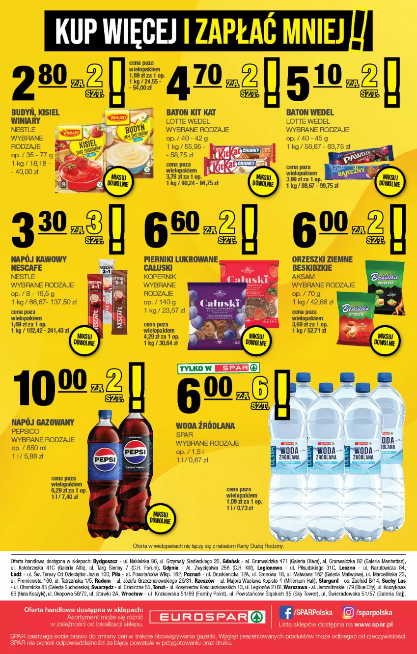 Gazetka promocyjna Spar - EuroSpar - ważna 05.10 do 15.10.2025 - strona 16 - produkty: Aksam, Baton, Beskidzki, Kisiel, Kit Kat, LANA, Napój, Orzeszki, Orzeszki ziemne, Pepsi, Piernik, Winiary, Woda