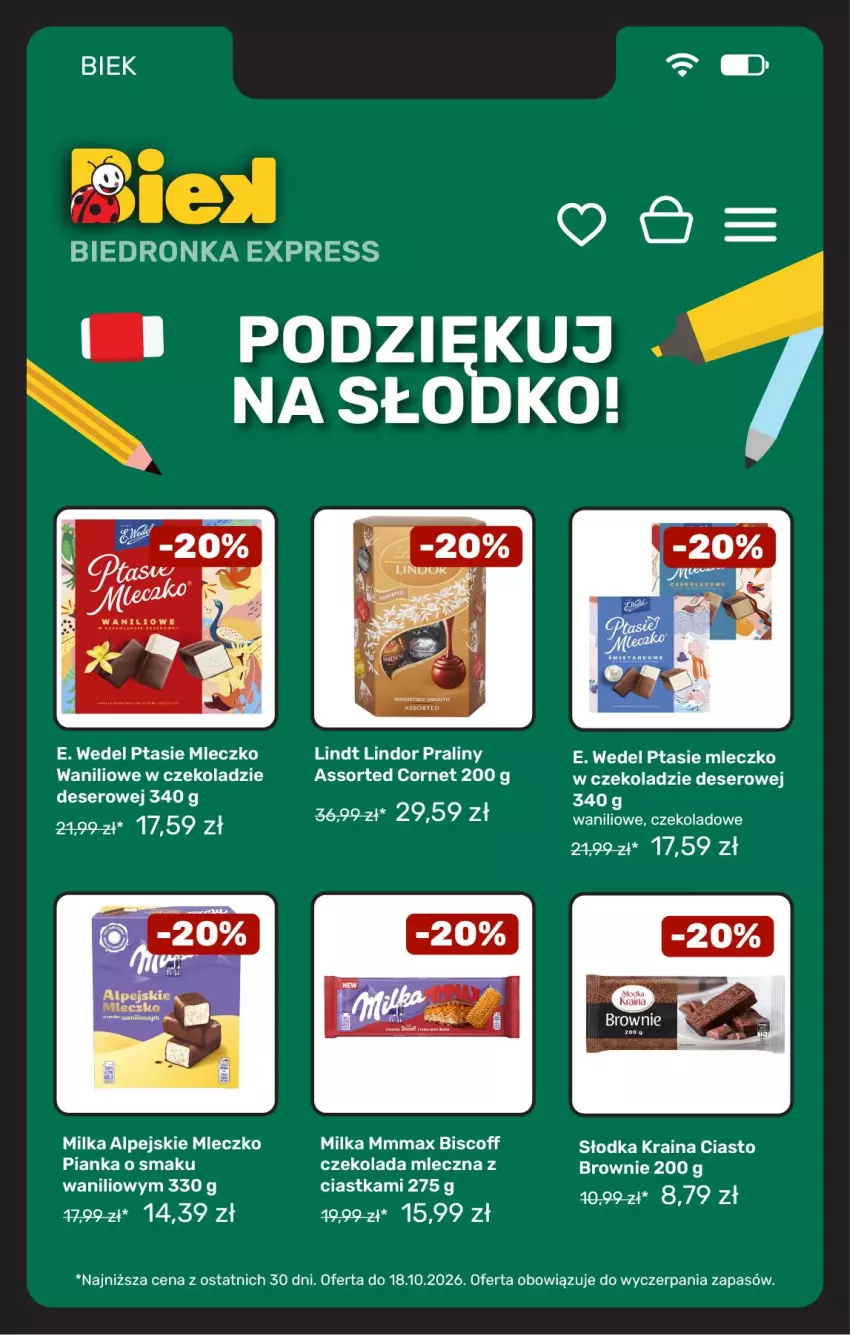 Gazetka promocyjna Biedronka - BIEK - ważna 16.10 do 23.10.2026 - strona 13 - produkty: Brownie, Ciastka, Czekolada, Czekolada mleczna, Deser, E. Wedel, Lindor, Lindt, Milka, Mleczko, Praliny, Ptasie mleczko, Ser