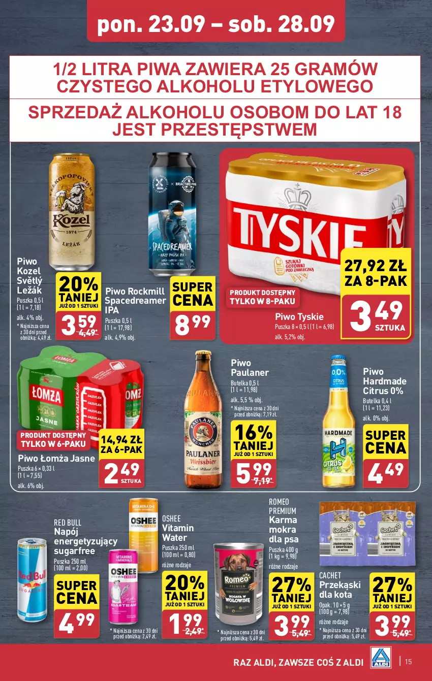 Gazetka promocyjna Aldi - Pełna oferta - ważna 23.09 do 28.09.2024 - strona 15 - produkty: Gra, Kozel, Napój, Oshee, Piwa, Piwo, Przekąski dla kota, Red Bull, Tyskie