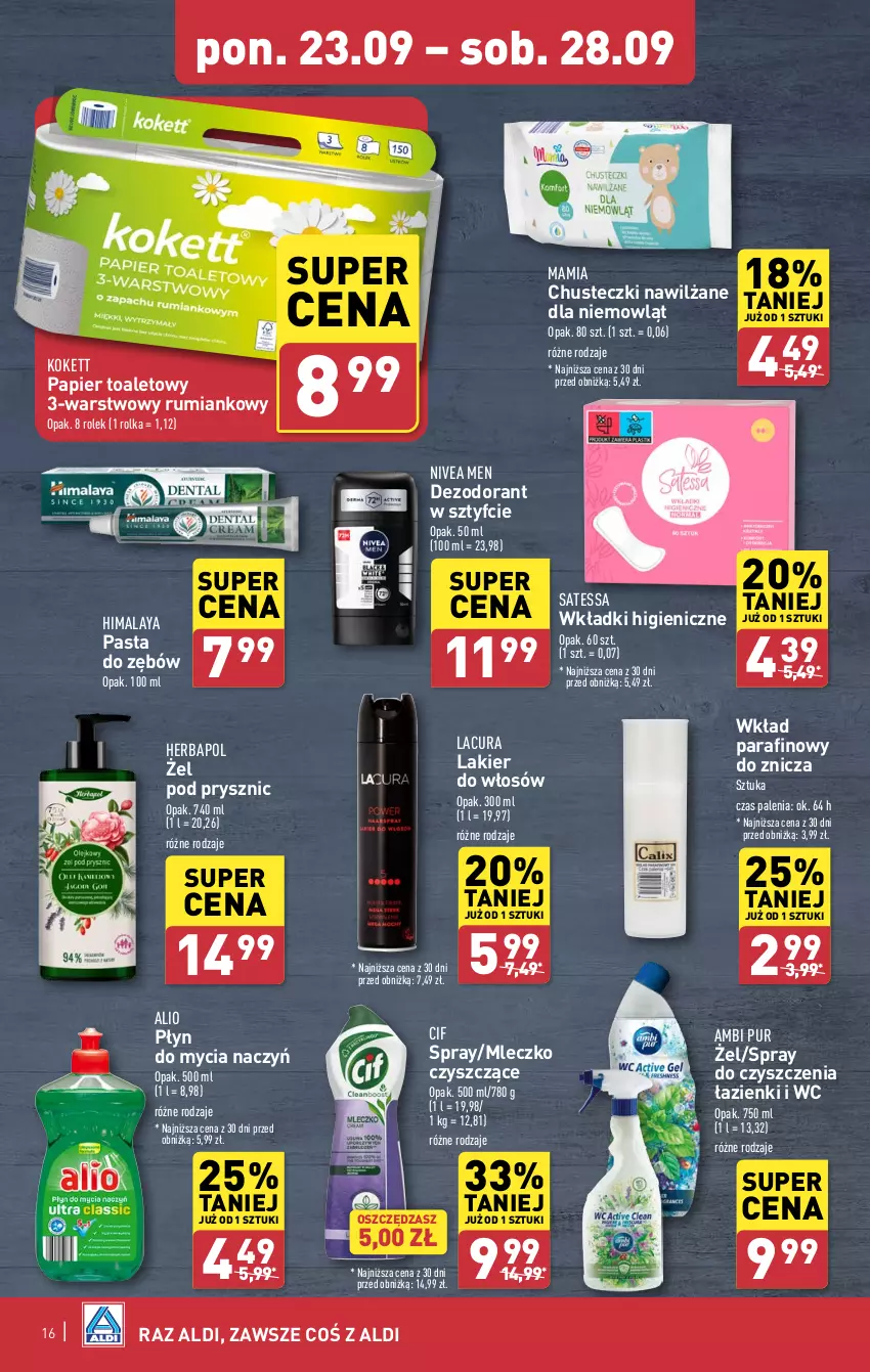 Gazetka promocyjna Aldi - Pełna oferta - ważna 23.09 do 28.09.2024 - strona 16 - produkty: Ambi Pur, Chusteczki, Cif, Dezodorant, Do mycia naczyń, Herbapol, Himalaya, Lakier, Lakier do włosów, Mleczko, Nivea, Nivea Men, Papier, Papier toaletowy, Pasta do zębów, Płyn do mycia, Płyn do mycia naczyń, Pur, Rum, Spray do czyszczenia, Wkładki, Znicz