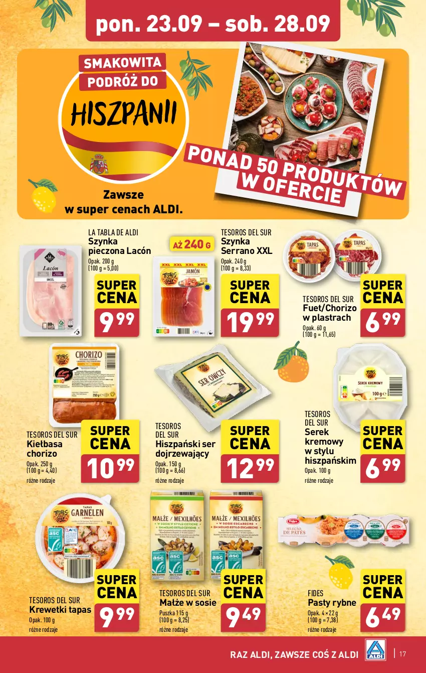 Gazetka promocyjna Aldi - Pełna oferta - ważna 23.09 do 28.09.2024 - strona 17 - produkty: Kiełbasa, Krewetki, Małże, Piec, Ser, Serek, Sos, Szynka