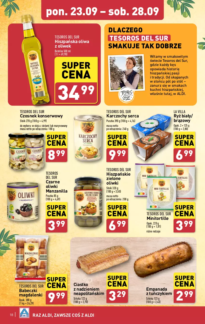 Gazetka promocyjna Aldi - Pełna oferta - ważna 23.09 do 28.09.2024 - strona 18 - produkty: Babeczki, Czosnek, Karczochy, Olej, Oliwa, Oliwa z oliwek, Oliwki, Ryż, Ryż biały, Ser, Stół, Tuńczyk